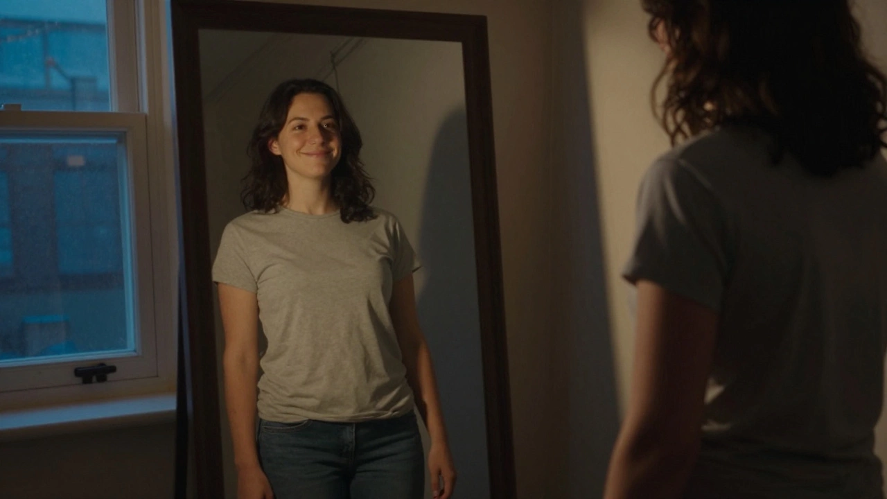 Someone gazing at their reflection with a partner gently present behind them, symbolizing self-acceptance.