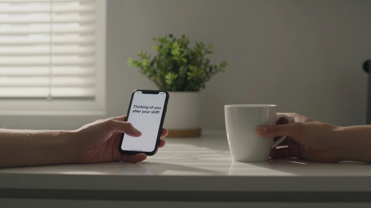 Two hands exchanging a thoughtful text message over a kitchen counter with morning light streaming in.